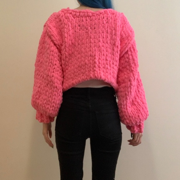 Hot Pink Maroon Red Strawberry Graphic Chunky Chenille Knit Crop Sweater Y2k - Picture 2 of 4